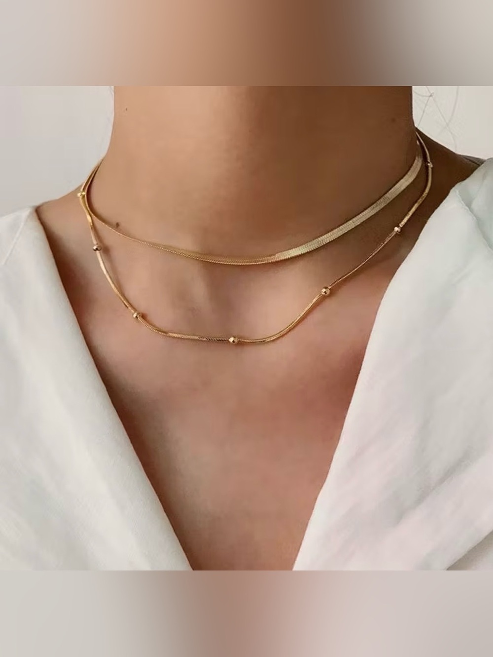 Gold Layered Herringbone and Beaded Necklace Set-Minimalist Stackable Gold Chain